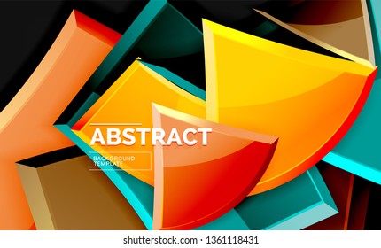 Glossy mosaic style geometric shapes - squares and triangles on black. Vector illustration
