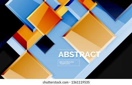 Glossy mosaic style geometric shapes - squares and triangles on black. Vector illustration