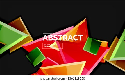 Glossy mosaic style geometric shapes - squares and triangles on black. Vector illustration