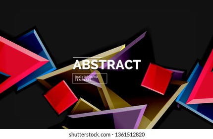 Glossy mosaic style geometric shapes - squares and triangles on black. Vector illustration