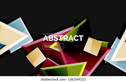 Glossy mosaic style geometric shapes - squares and triangles on black. Vector illustration