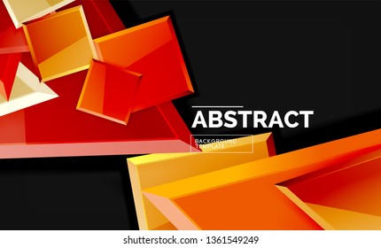 Glossy mosaic style geometric shapes - squares and triangles on black. Vector illustration