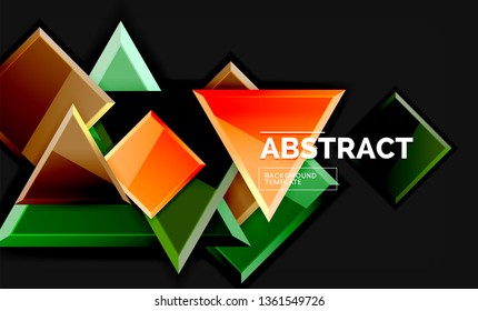 Glossy mosaic style geometric shapes - squares and triangles on black. Vector illustration