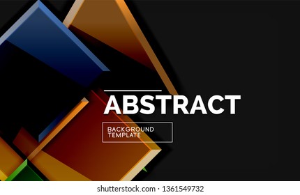 Glossy mosaic style geometric shapes - squares and triangles on black. Vector illustration