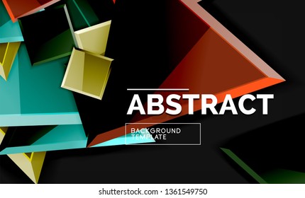 Glossy mosaic style geometric shapes - squares and triangles on black. Vector illustration