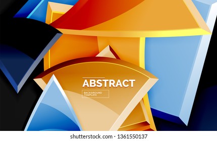 Glossy mosaic style geometric shapes - squares and triangles on black. Vector illustration