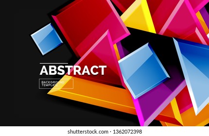 Glossy mosaic style geometric shapes - squares and triangles on black. Vector illustration