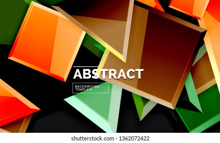 Glossy mosaic style geometric shapes - squares and triangles on black. Vector illustration