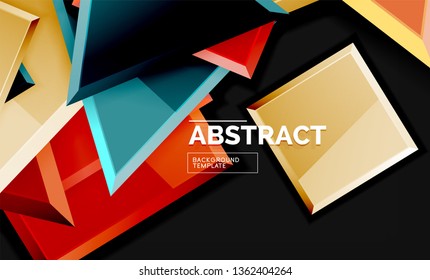 Glossy mosaic style geometric shapes - squares and triangles on black. Vector illustration