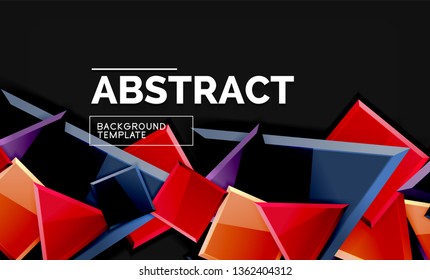 Glossy mosaic style geometric shapes - squares and triangles on black. Vector illustration