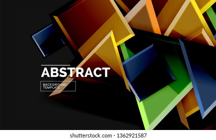 Glossy mosaic style geometric shapes - squares and triangles on black. Vector illustration