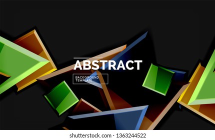 Glossy mosaic style geometric shapes - squares and triangles on black. Vector illustration
