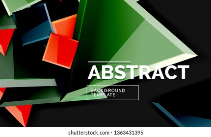 Glossy mosaic style geometric shapes - squares and triangles on black. Vector illustration