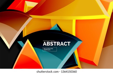 Glossy mosaic style geometric shapes - squares and triangles on black. Vector illustration