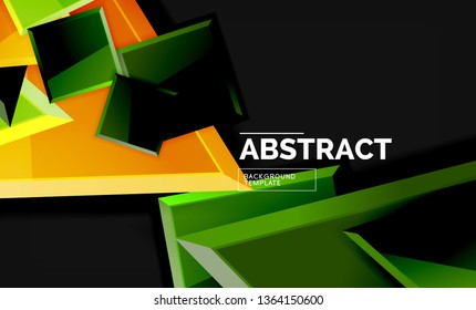 Glossy mosaic style geometric shapes - squares and triangles on black. Vector illustration