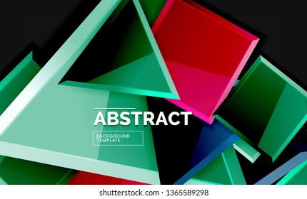 Glossy mosaic style geometric shapes - squares and triangles on black. Vector illustration