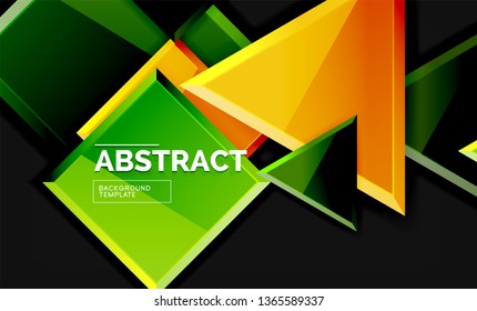 Glossy mosaic style geometric shapes - squares and triangles on black. Vector illustration