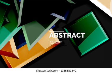 Glossy mosaic style geometric shapes - squares and triangles on black. Vector illustration