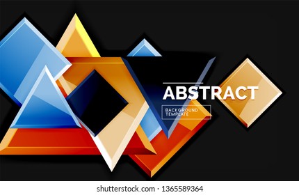 Glossy mosaic style geometric shapes - squares and triangles on black. Vector illustration