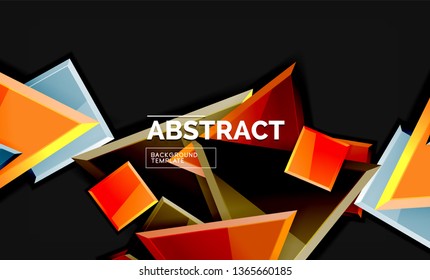 Glossy mosaic style geometric shapes - squares and triangles on black. Vector illustration