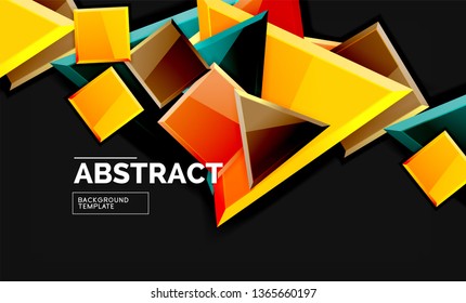 Glossy mosaic style geometric shapes - squares and triangles on black. Vector illustration