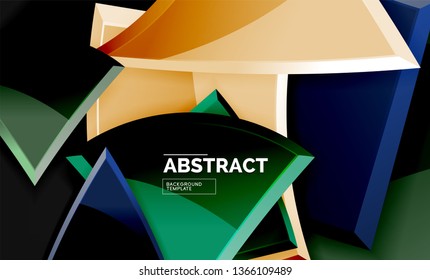 Glossy mosaic style geometric shapes - squares and triangles on black. Vector illustration
