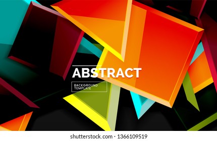 Glossy mosaic style geometric shapes - squares and triangles on black. Vector illustration