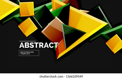 Glossy mosaic style geometric shapes - squares and triangles on black. Vector illustration