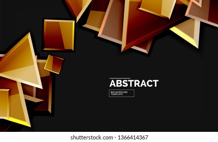 Glossy mosaic style geometric shapes - squares and triangles on black. Vector illustration