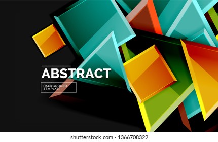 Glossy mosaic style geometric shapes - squares and triangles on black. Vector illustration