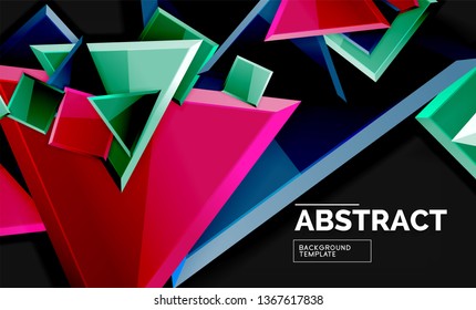 Glossy mosaic style geometric shapes - squares and triangles on black. Vector illustration