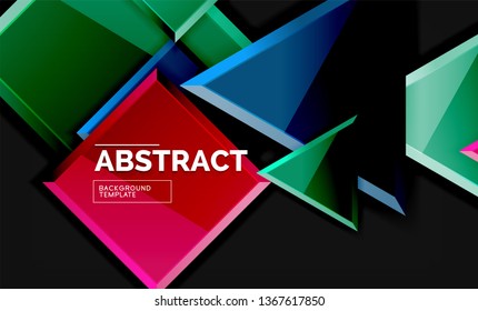 Glossy mosaic style geometric shapes - squares and triangles on black. Vector illustration