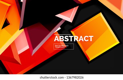 Glossy mosaic style geometric shapes - squares and triangles on black. Vector illustration