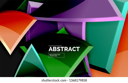 Glossy mosaic style geometric shapes - squares and triangles on black. Vector illustration