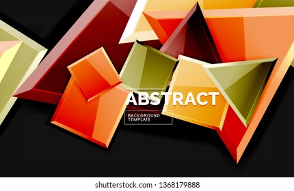 Glossy mosaic style geometric shapes - squares and triangles on black. Vector illustration