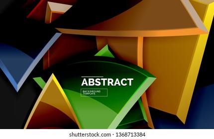 Glossy mosaic style geometric shapes - squares and triangles on black. Vector illustration