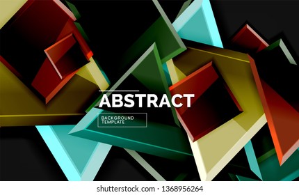 Glossy mosaic style geometric shapes - squares and triangles on black. Vector illustration