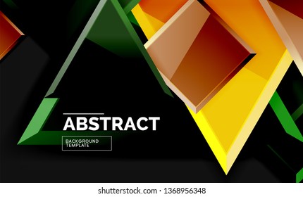 Glossy mosaic style geometric shapes - squares and triangles on black. Vector illustration