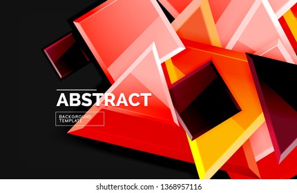 Glossy mosaic style geometric shapes - squares and triangles on black. Vector illustration