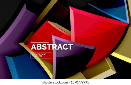 Glossy mosaic style geometric shapes - squares and triangles on black. Vector illustration