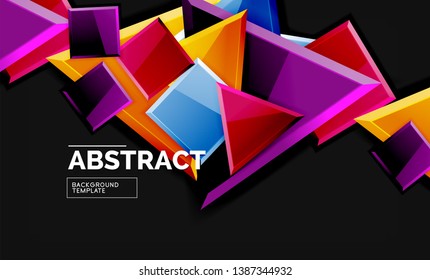Formas geométricas de mosaico brillante - cuadrados y triángulos sobre negro. Ilustración del vector