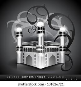 Glossy  Mosque or Masjid  on floral abstract background, isolated on grey color. EPS 10. Vector illustration.
