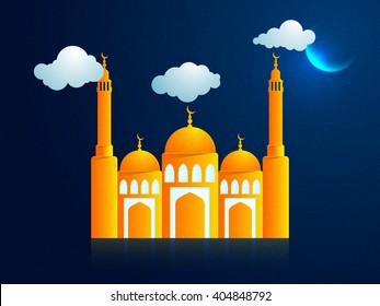 Glossy Mosque on cloudy blue night background, Concept for Islamic Festival celebration.