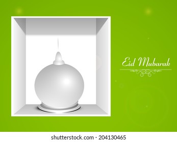 Glossy Moschee in quadratischer Box auf grünem Hintergrund für das muslimische Community Festival Eid Mubarak Feiern. 