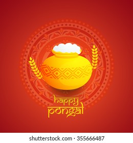 Grandiosa olla de barro, llena de arroz con fondo rojo adornado con flores para el festival de cosecha del sur de India, Feliz celebración de Pongal.