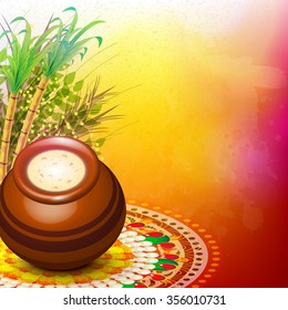 Glossy mud pot, full of rice with sugarcanes on colourful rangoli for South Indian harvesting festival, Happy Pongal celebration.