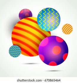 Diseño brillante de bolas decorativas multicolor. Elementos de círculo geométrico abstracto coloridos decorados con diferentes patrones.
