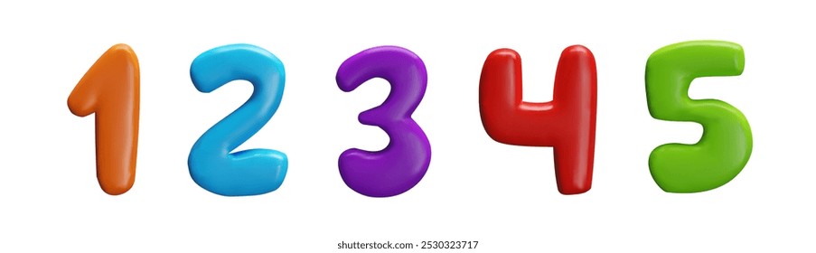 Glossy multicolored 12345 digits, numbers from one to five icons set. Vector 3D volume numeric symbol one, two, three, four, five plasticine texture. Kid arithmetic education. Typographic count object