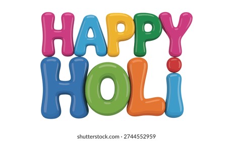 Glossy multicolored Happy Holi balloon text design with vibrant festive lettering on white background, cheerful artwork for Hindu spring festival