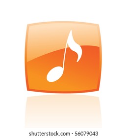 Glossy musical note in orange button isolated on white